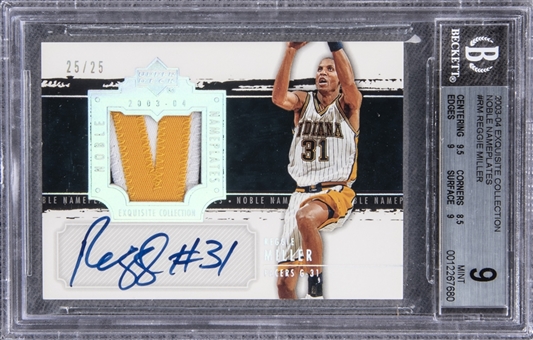 2003-04 UD "Exquisite Collection" Noble Nameplates #RM Reggie Miller Signed Game Used Patch Card (#25/25) – BGS MINT 9/BGS 10
